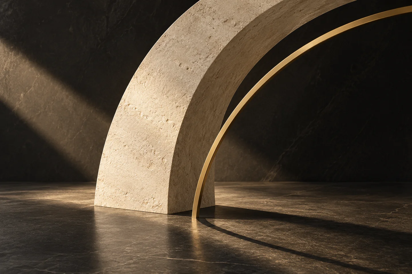 Illustrative limestone and gold arches against dark stone